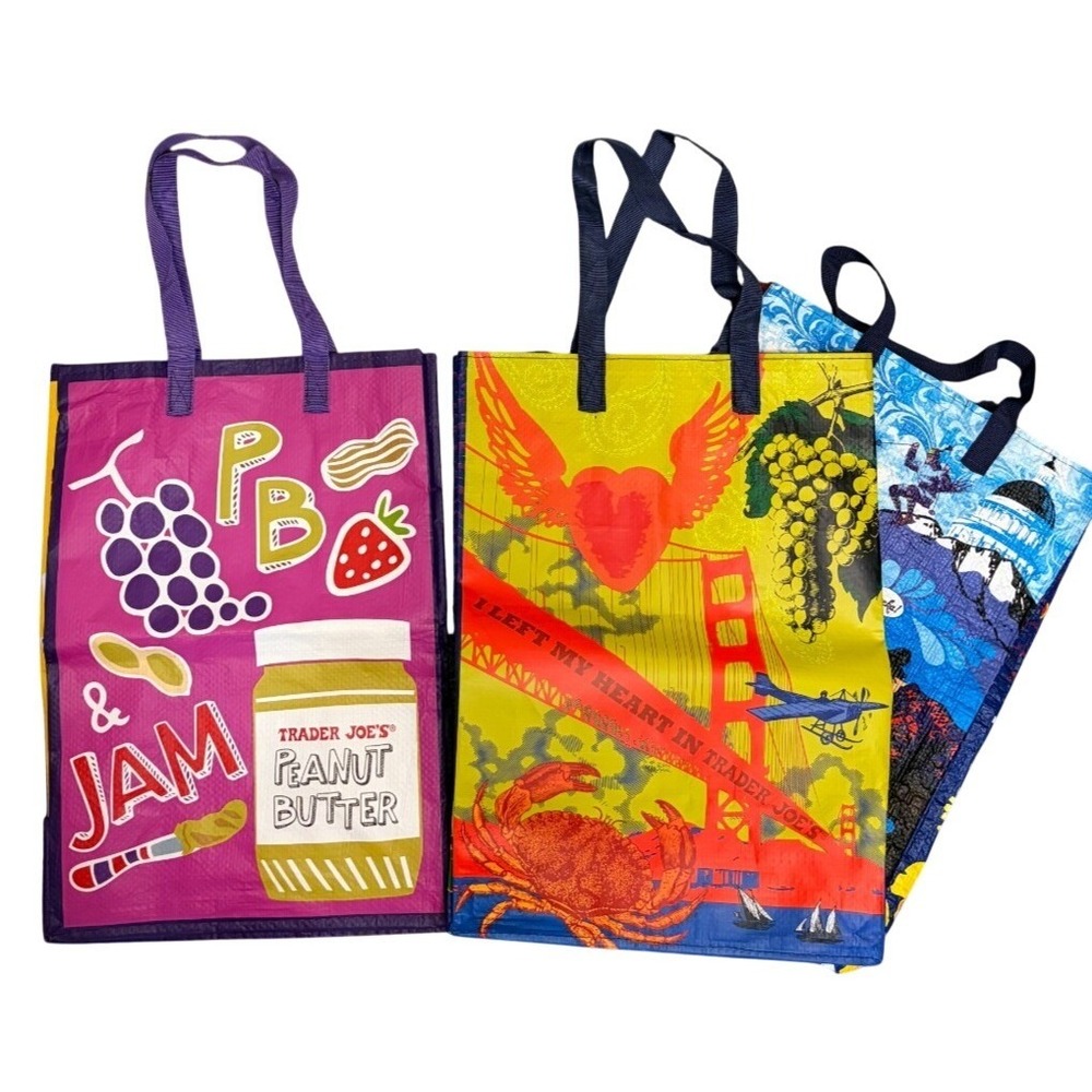 Trader Joe's ECO Reusable Shopping Grocery Bag Tote San Fransisco PBJ Mac Cheese